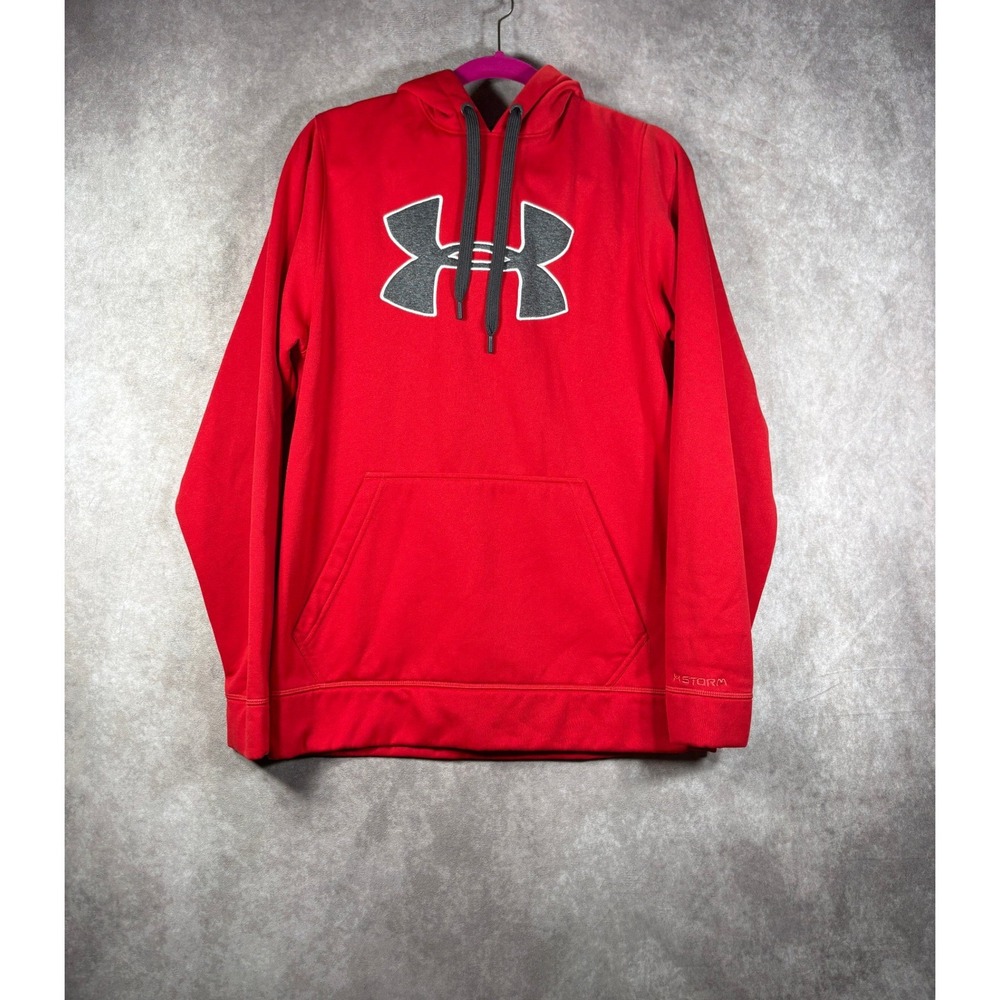 Under Armour Hoodie Mens Small Red Storm Big Logo Pullover Fleece Lined Athletic